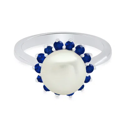 Maxcolor Sterling Silver 9mm Cultured Pearl And Created Blue Sapphire Ring Size 7 In Multi