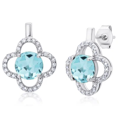 Maxcolor Sterling Silver Clover Gemstone Stud Earrings With With White Topaz Accent In Metallic