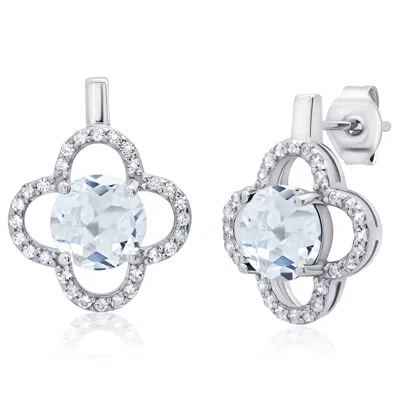 Maxcolor Sterling Silver Clover Gemstone Stud Earrings With With White Topaz Accent In Metallic