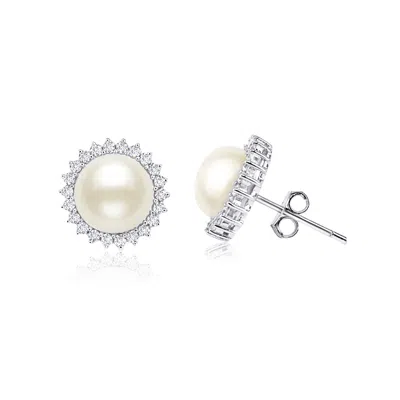 Maxcolor Sterling Silver Cultured 7-7.5mm Button Pearl Halo Stud Earrings In Multi