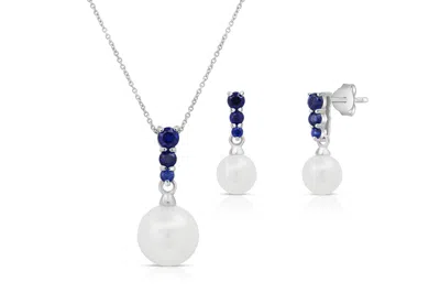 Maxcolor Sterling Silver Cultured Pearl And Created Blue Sapphire Pendant Necklace And Stud Earrings Set In Multi