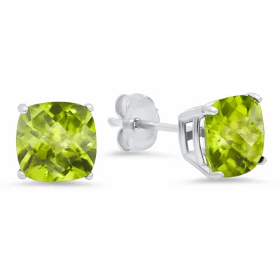 Maxcolor Sterling Silver Cushion-cut Checkerboard Gemstone Stud Earrings (8mm) In Green