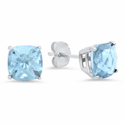 Maxcolor Sterling Silver Cushion-cut Checkerboard Gemstone Stud Earrings (8mm) In Blue