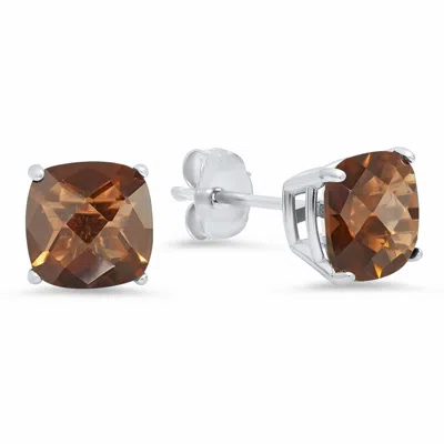 Maxcolor Sterling Silver Cushion-cut Checkerboard Gemstone Stud Earrings (8mm) In Brown