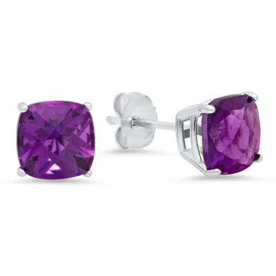 Maxcolor Sterling Silver Cushion-cut Checkerboard Gemstone Stud Earrings (8mm) In Purple