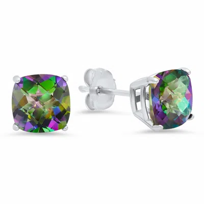 Maxcolor Sterling Silver Cushion-cut Checkerboard Gemstone Stud Earrings (8mm) In Metallic