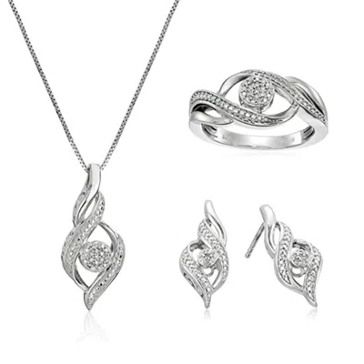 Maxcolor Sterling Silver Diamond Pendant Necklace Drop Earrings & Ring Jewelry Set In Metallic