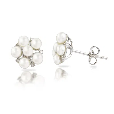 Maxcolor Sterling Silver Freshwater Pearl Flower Earrings With Diamond Accents