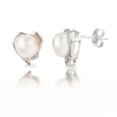 Maxcolor Sterling Silver Freshwater Pearl Heart Earrings With Diamond Accents
