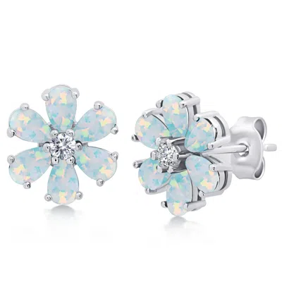 Maxcolor Sterling Silver Gemstone Flower Stud Earrings In Blue