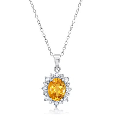 Maxcolor Sterling Silver Gemstone Oval Pendant Necklace With White Topaz Sunburst Halo 9mm X 7mm With 18 Inch In Orange