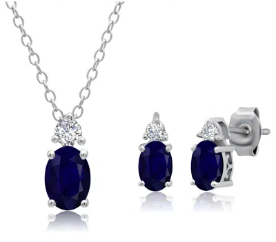 Maxcolor Sterling Silver Genuine Blue Sapphire And White Topaz Stud Earring And Pendant Set In Multi
