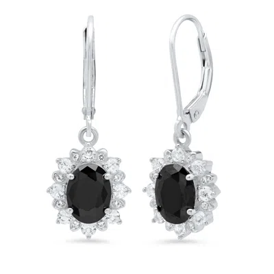 Maxcolor Sterling Silver Halo Sunburst Oval Gemstone Leverback Earrings With White Topaz Accent In Black