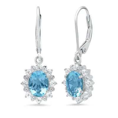 Maxcolor Sterling Silver Halo Sunburst Oval Gemstone Leverback Earrings With White Topaz Accent In Blue