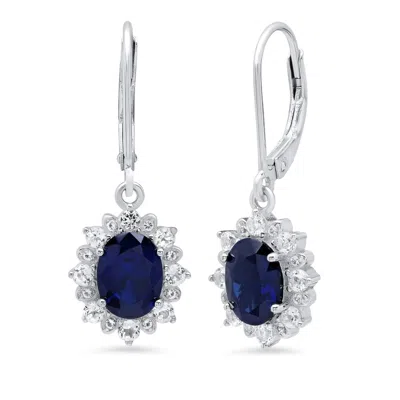Maxcolor Sterling Silver Halo Sunburst Oval Gemstone Leverback Earrings With White Topaz Accent In Blue