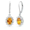 Maxcolor Sterling Silver Halo Sunburst Oval Gemstone Leverback Earrings With White Topaz Accent In Metallic