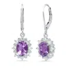 Maxcolor Sterling Silver Halo Sunburst Oval Gemstone Leverback Earrings With White Topaz Accent In Purple