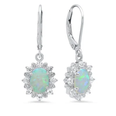 Maxcolor Sterling Silver Halo Sunburst Oval Peridot Leverback Earrings (8x6mm) In Multi