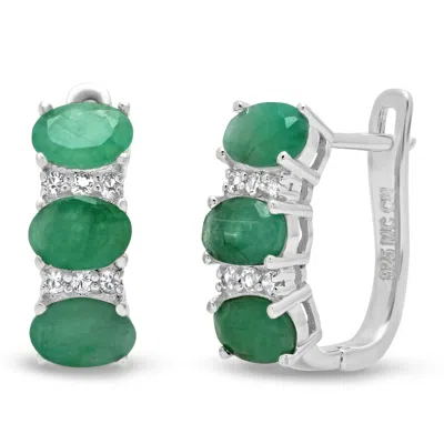 MAXCOLOR STERLING SILVER OVAL GENUINE GEMSTONE AND WHITE TOPAZ J HOOP EARRINGS
