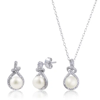 Maxcolor Sterling Silver Real Freshwater Pearl Earrings & Necklace Infinity Set With Diamond Accents In Metallic