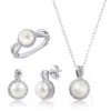 Maxcolor Sterling Silver Real Freshwater Pearl Earrings, Necklace & Ring Halo Set With Diamond Accents In Silver