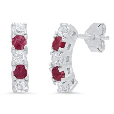 Maxcolor Sterling Silver Round Genuine Gemstone And White Topaz Curved Earring