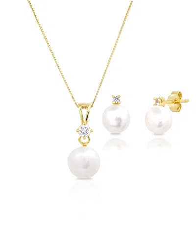Maxcolor Sterling Silver Yellow Gold Plate Cultured Pearl & Created White Sapphire Set