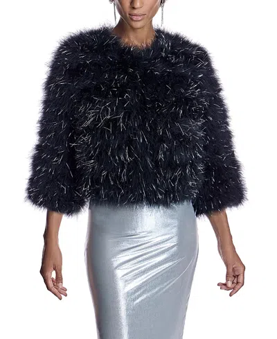 Maximilian Feather Bolero With Metallic Thread Inserts In Black