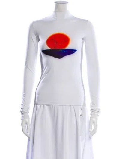 Pre-owned Maximilian Graphic Print Mock Neck Top In White