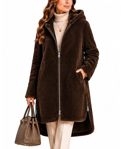 Maximilian Hooded Shearling Coat In Red
