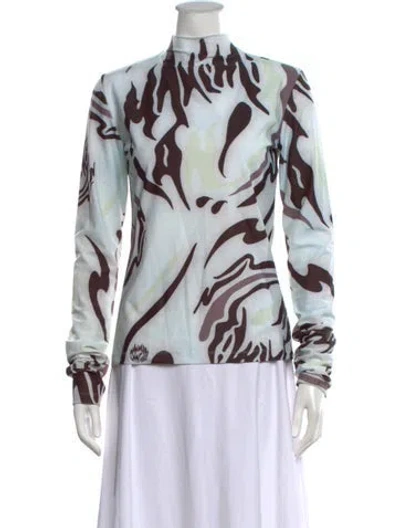 Pre-owned Maximilian Patterned Mock Neck Top In White
