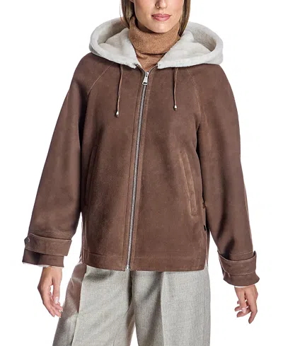 Maximilian Two-tone Hooded Shearling Jacket In Brown