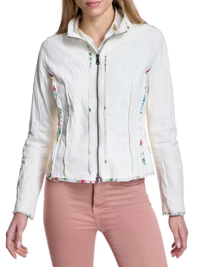 Maximilian Women's Floral Zipper Leather Jacket In Cream