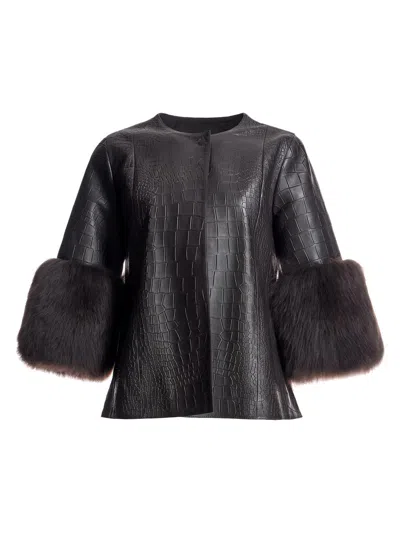 Maximilian Women's Leather Jacket With Shearling Lamb Trim In Black