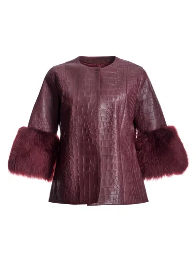 Maximilian Women's Leather Jacket With Shearling Lamb Trim In Burgundy