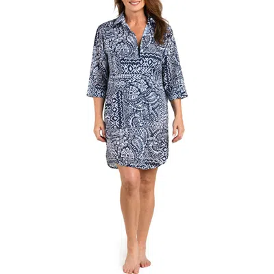 Maxine Of Hollywood Island Bohemia Button Down Tunic Cover-up In Blue