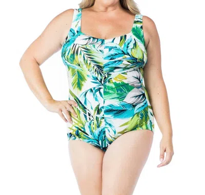 Maxine Of Hollywood Palm Beach Plus Shirred Front Girl Leg One Piece Swimsuit In Teal In Blue
