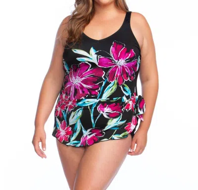 Maxine Of Hollywood Plus Size Sarong One Piece Swimsuit In In Full Bloom In Multi