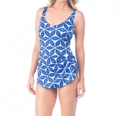 MAXINE OF HOLLYWOOD PRISMATIC SARONG ONE PIECE SWIMSUIT IN COBALT