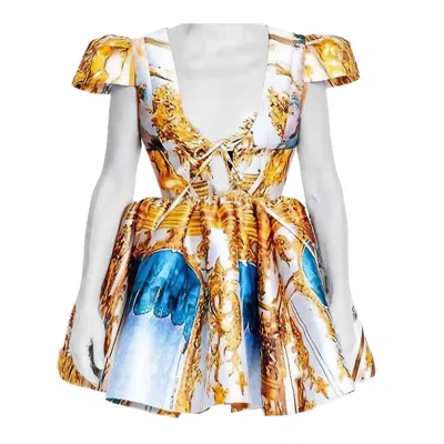 Maxjenny Women's Blue / Gold Puffarm Mini Dress - Golden Roof Blue In Multi