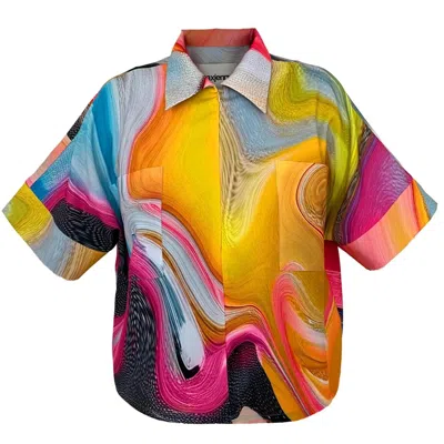 Maxjenny Women's Blue / Pink Cropped Shirt - Smokeflow Watercolour In Multi