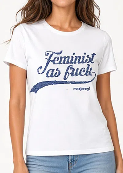 Maxjenny Women's Feminist As Fuck Blue Swarovski Crystal T-shirt – White