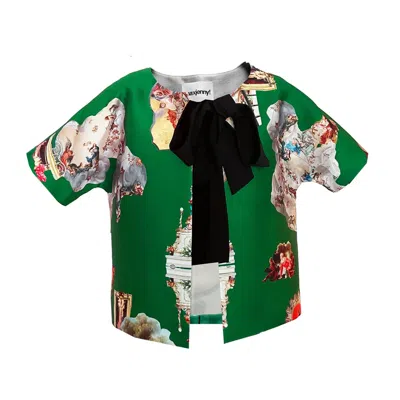 Maxjenny Women's Green / Pink Cropped Jacket With Bow - Sicily Green Front With Powder Pink Back In Multi