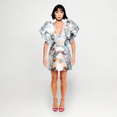 Maxjenny Women's Grey Large Rufflearm Mini Dress - Jubilee Sicily In Multi