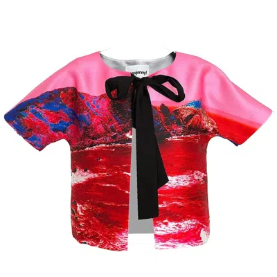 Maxjenny Women's Pink / Red Cropped Jacket With Bow - Red Pink Landscape In Multi
