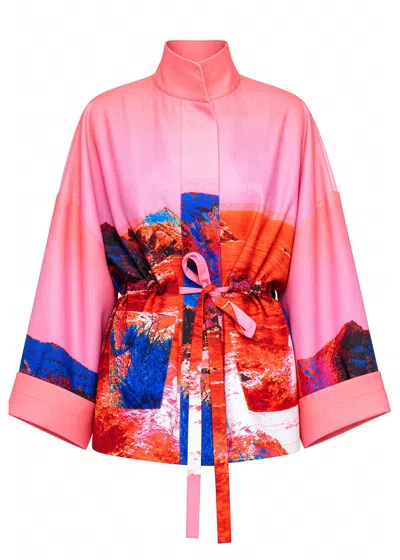 Maxjenny Women's Pink Square Boxy Jacket - Red Blue Landscape