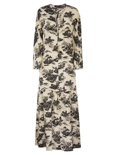 Maxmara Studio Msealga - Long Printed Silk Dress With Jewelled Drawstring In Neutral