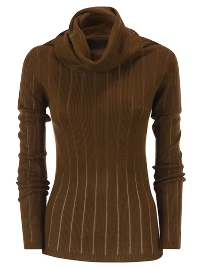 Maxmara Studio Mstbadesse – Fitted Silk And Wool Ribbed Turtleneck In Brown