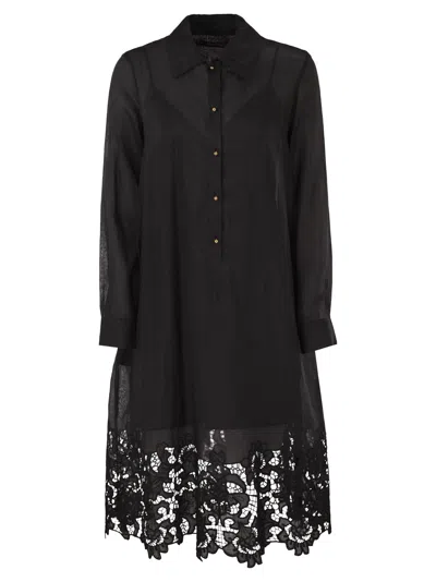 Maxmara Studio Mstmela - Ramie Shirt Dress With Embroidered Hem And Slip In Black