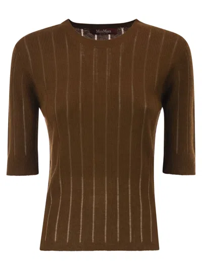 Maxmara Studio Mstragno – Slim Fit Silk And Wool Ribbed Knit Top In Brown